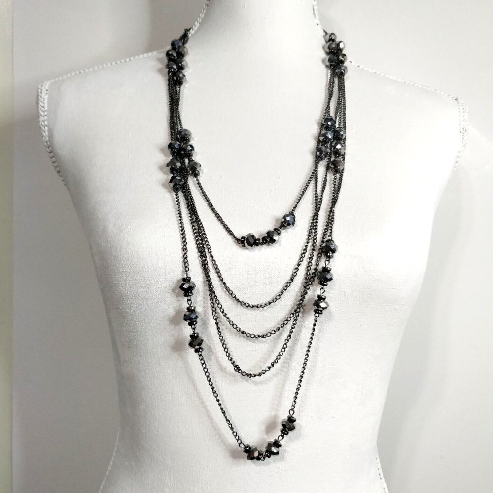 Multi Strand Chain Necklace Long Chain Black Gun Metal Silver Beaded